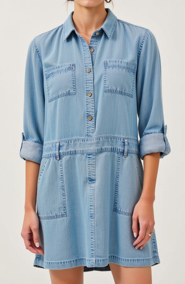 Modenaire Long-Sleeve Button-Front Denim Mini Dress, Alternate, color, Light Blue