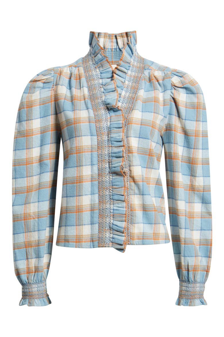 Zuri Ruffle Trim Cotton Button-Up Top, Alternate, color, WINDCHIME PLAID