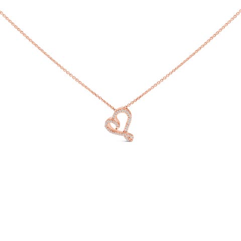 14k Rose Gold Plated Silver 1/10 Cttw Diamond Open Heart Pendant Necklace