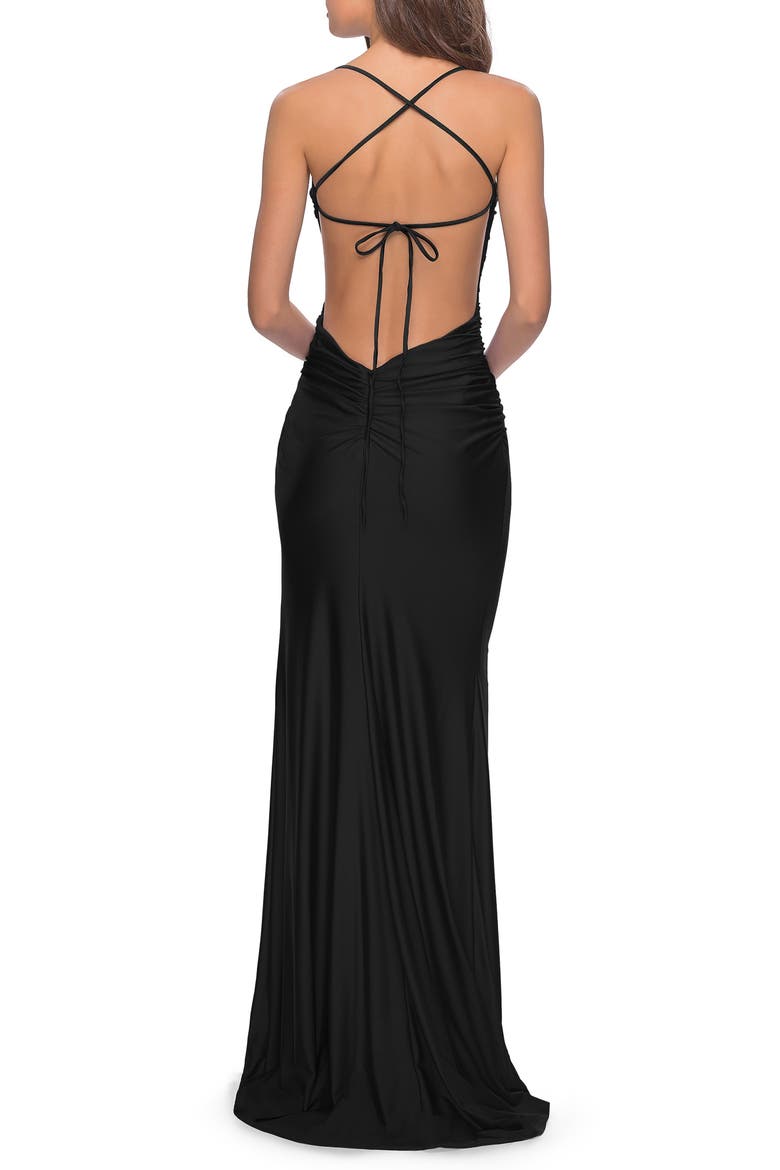 Tie Back Satin Gown, Alternate, color, BLACK