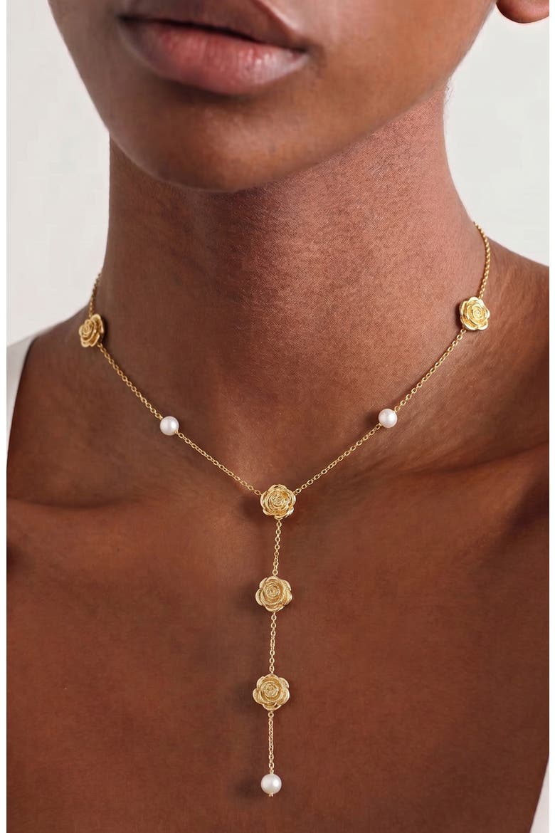 Long Rose Lariat Necklace In Gold & Pearls, Alternate, color, Gold
