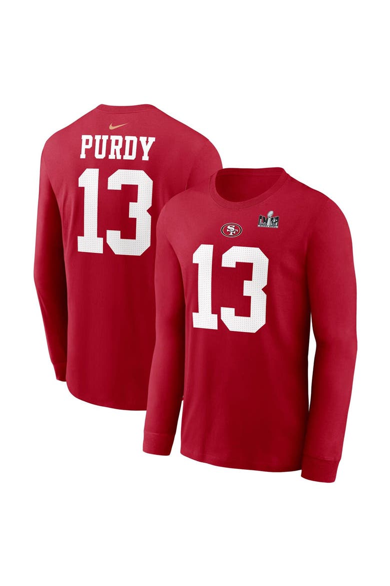 Men's Nike Brock Purdy Scarlet San Francisco 49ers Super Bowl LVIII Patch Player Name & Number Long Sleeve T-Shirt, Alternate, color, Scarlet