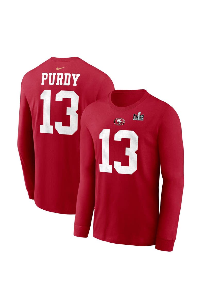 Nike Men's Nike Brock Purdy Scarlet San Francisco 49ers Super Bowl LVIII Patch Player Name & Number Long Sleeve T-Shirt, Alternate, color,