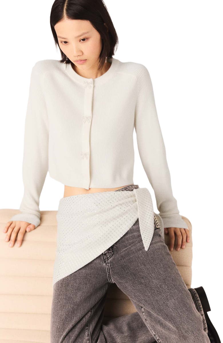 maje Jewelled bow-button cardigan, Alternate, color, Ecru