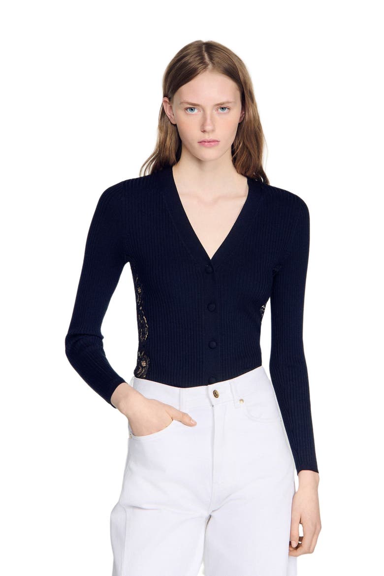 Cardigan with lace panel, Alternate, color, Black