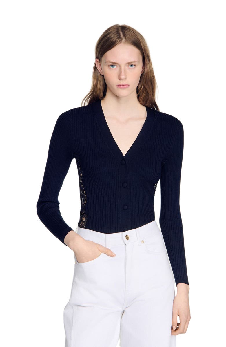 SANDRO Cardigan with lace panel, Alternate, color, Black