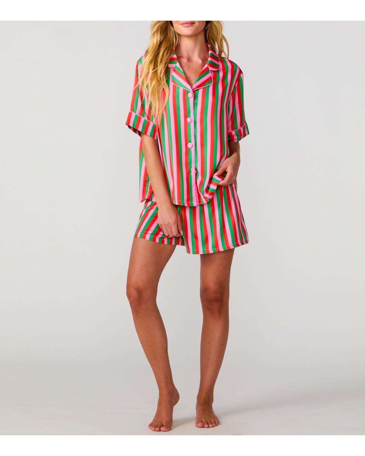 Sunshine Society Silky Christmas Candy Stripe Short Sleeve Short Set ...