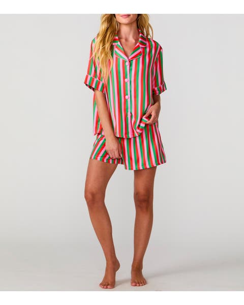 Silky Christmas Candy Stripe Short Sleeve Short Set