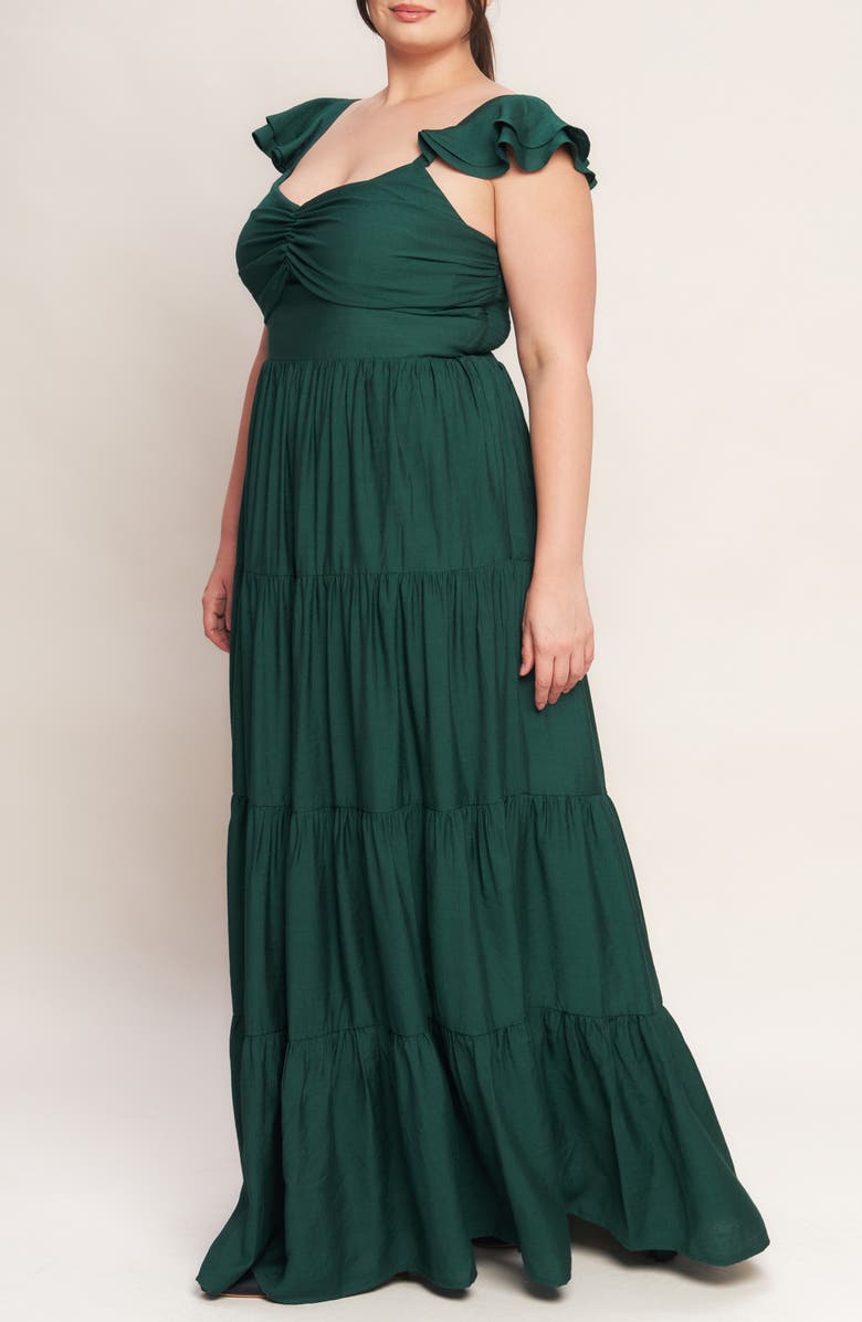 FLYING TOMATO Flutter Cap Sleeve Tiered Maxi Dress, Alternate, color, Forest Green