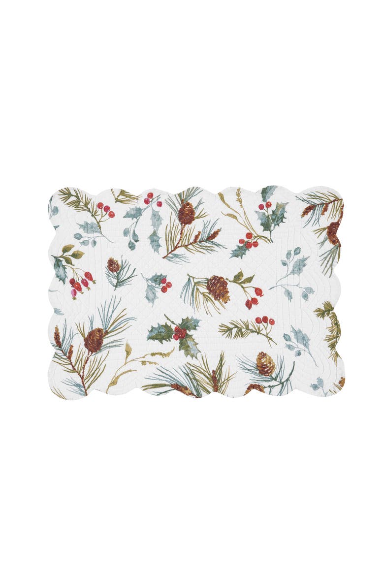 Edith Quilted Reversible Holly Botanical Placemats Set of 6, 13" x 19", Alternate, color, White