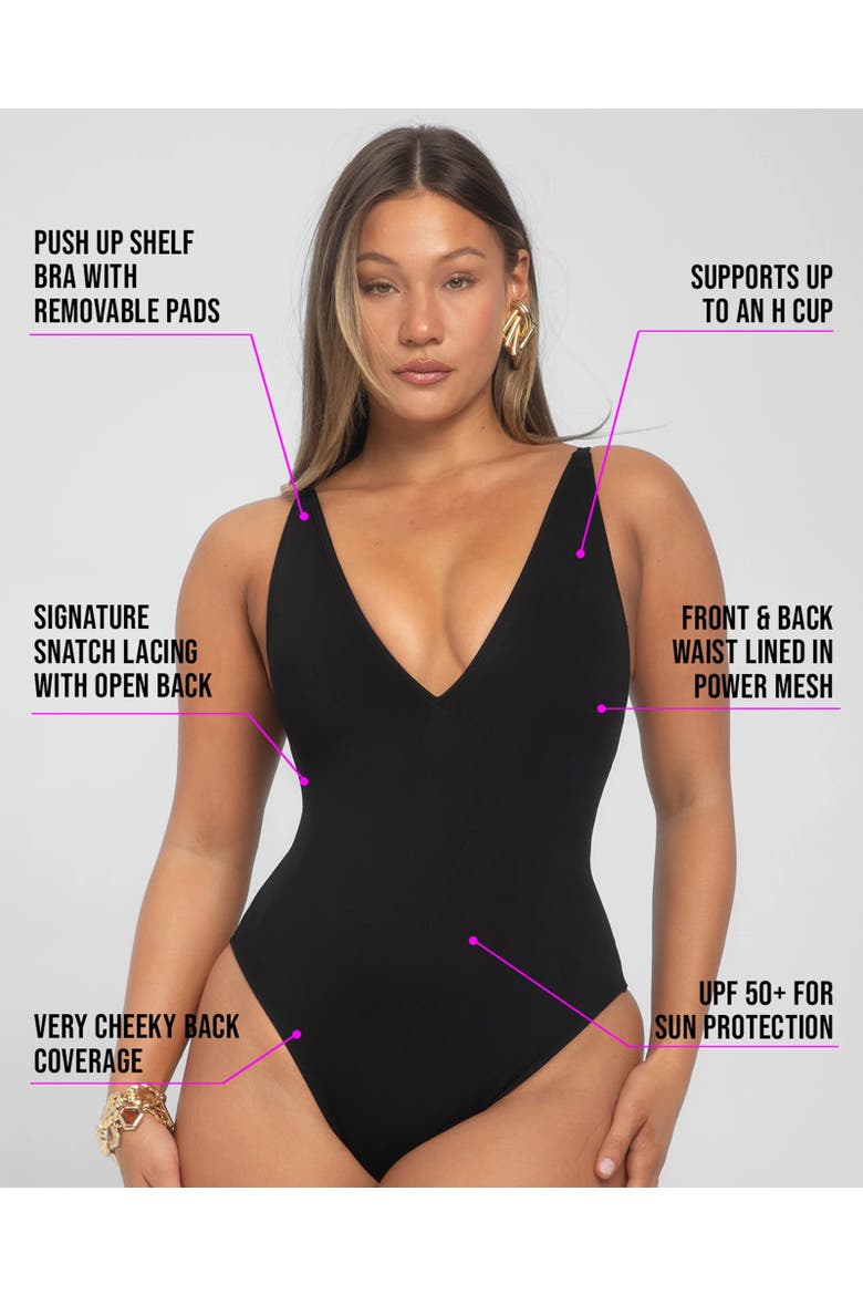 Mega Sculpting Plunge Brazilian Cut One Piece Swimsuit, Alternate, color, Black