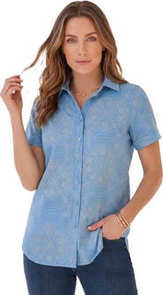 Roaman's Plus Size Kate Short Sleeve Easy Cotton Blend Button Front Shirt