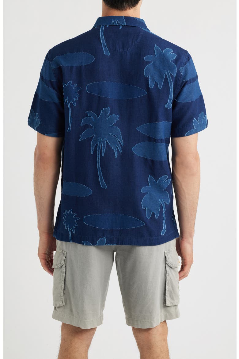 Destination Indigo Palm Tree Print Cotton Jacquard Camp Shirt, Alternate, color, DARK INDIGO