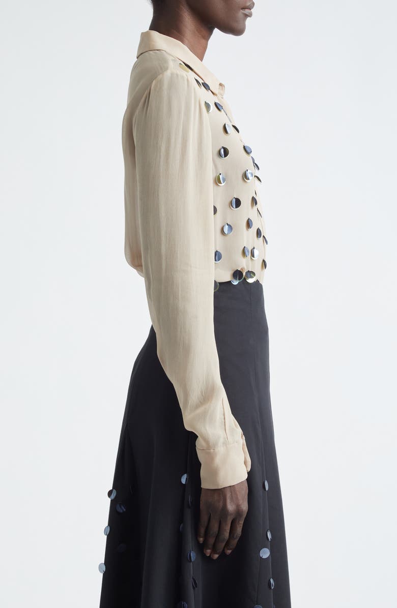 Lela Rose Paillette Embroidered Georgette Button-Up Shirt, Alternate, color, Taupe