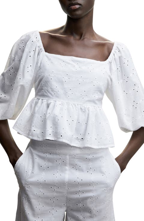 Eyelet Puff Sleeve Peplum Blouse