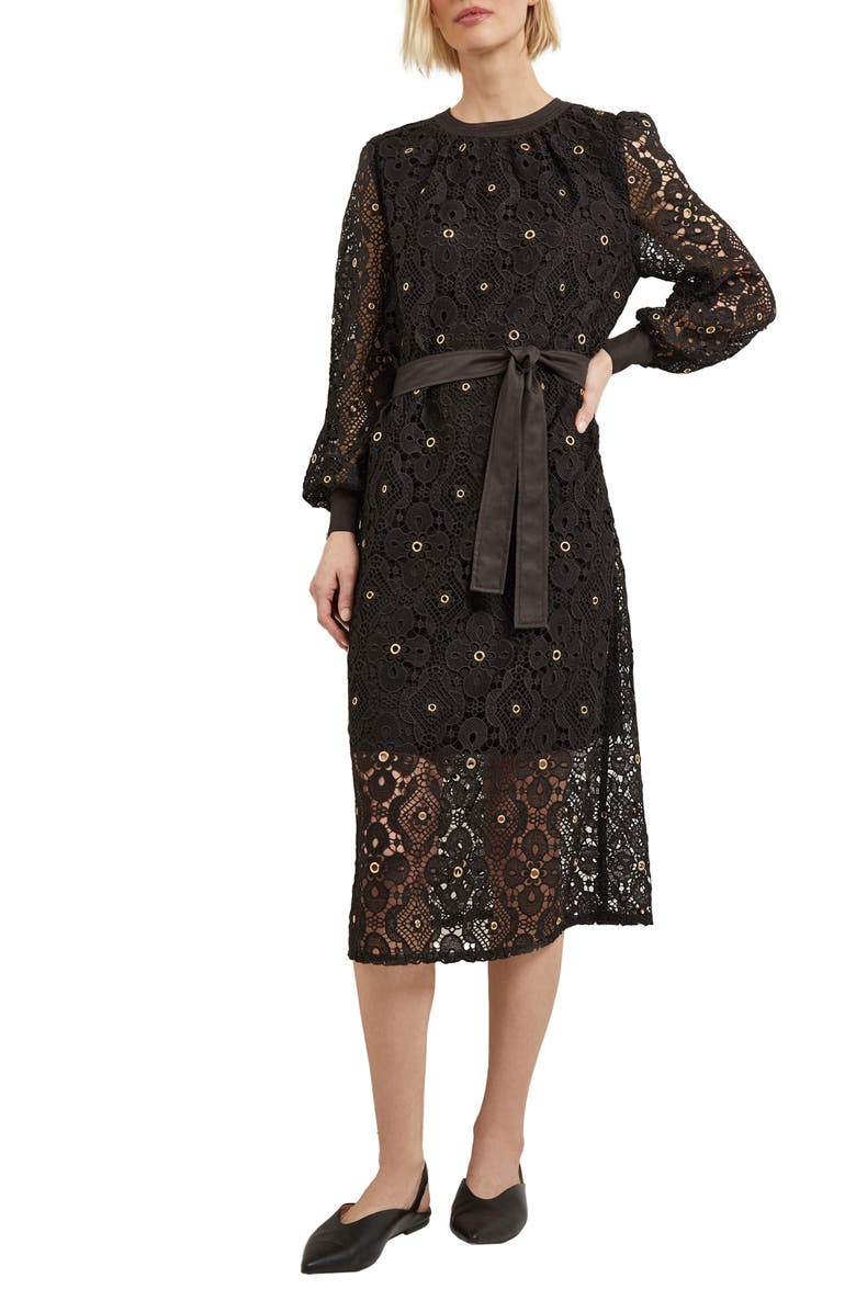 Misook Belted Long Sleeve Grommet Lace Midi Dress, Main, color, 
