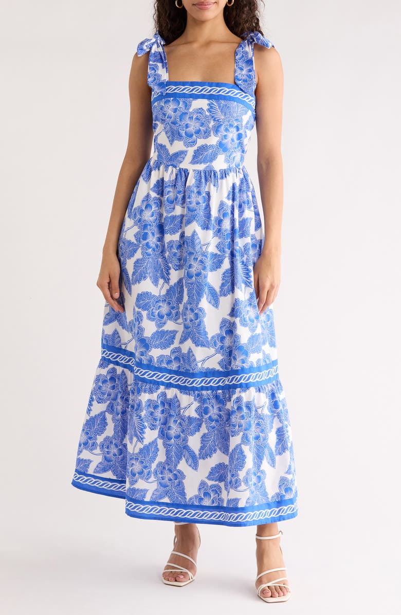 SUGARLIPS Rency Floral Tiered Cotton Maxi Sundress, Main, color, White-Blue