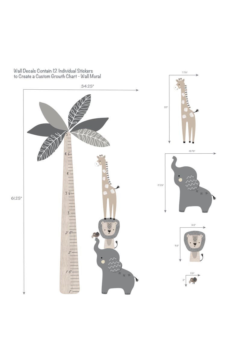 Lambs & Ivy Jungle Safari Tree with Animals Kids Growth Chart Wall Decals, Alternate, color, Gray