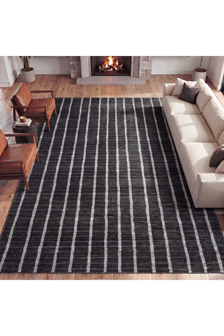 Orton Distressed Ticking Stripe Non-Slip Machine-Washable Rug, Main, color, Charcoal/Cream