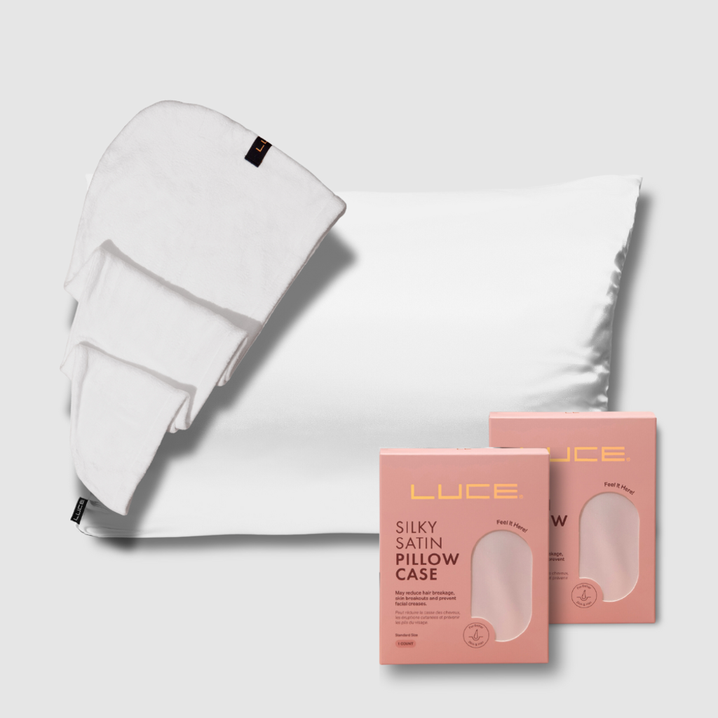 Luce Beauty Silky Satin Pillowcases + Hair Towel Wrap In White