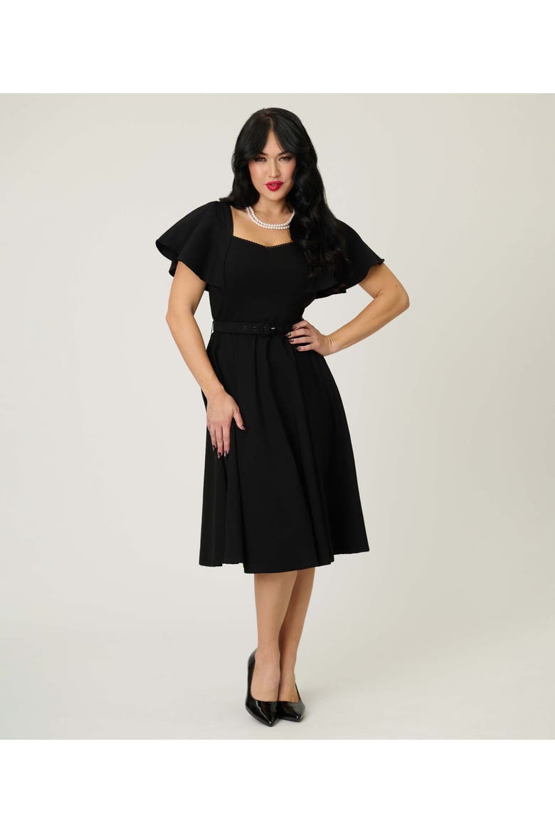 Flutter Sleeve Belted Swing Dress, Alternate, color, Solid Black