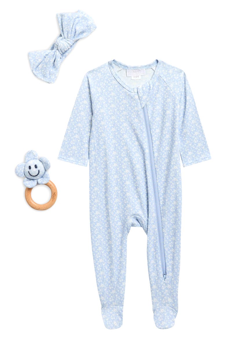 Dainty Floral Footie, Matching Headband & Teether Set, Main, color, ICY BLUE