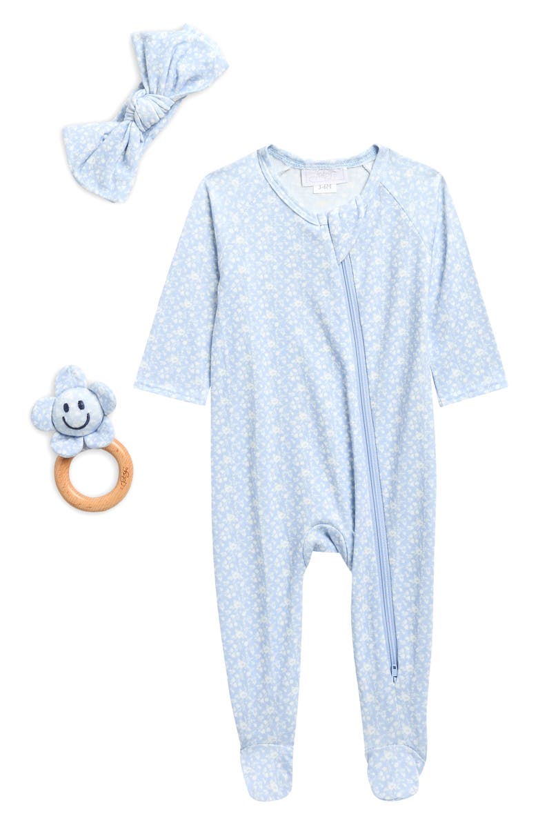 Toby Colorblock Watercolor Footie, Headband & Teether Set, Main, color, Icy Blue