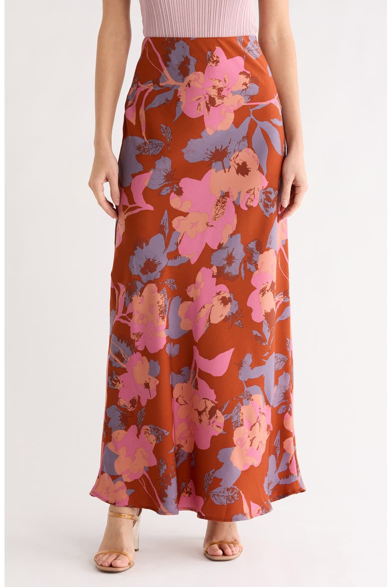 Floral Satin Maxi Skirt, Main, color, RUST