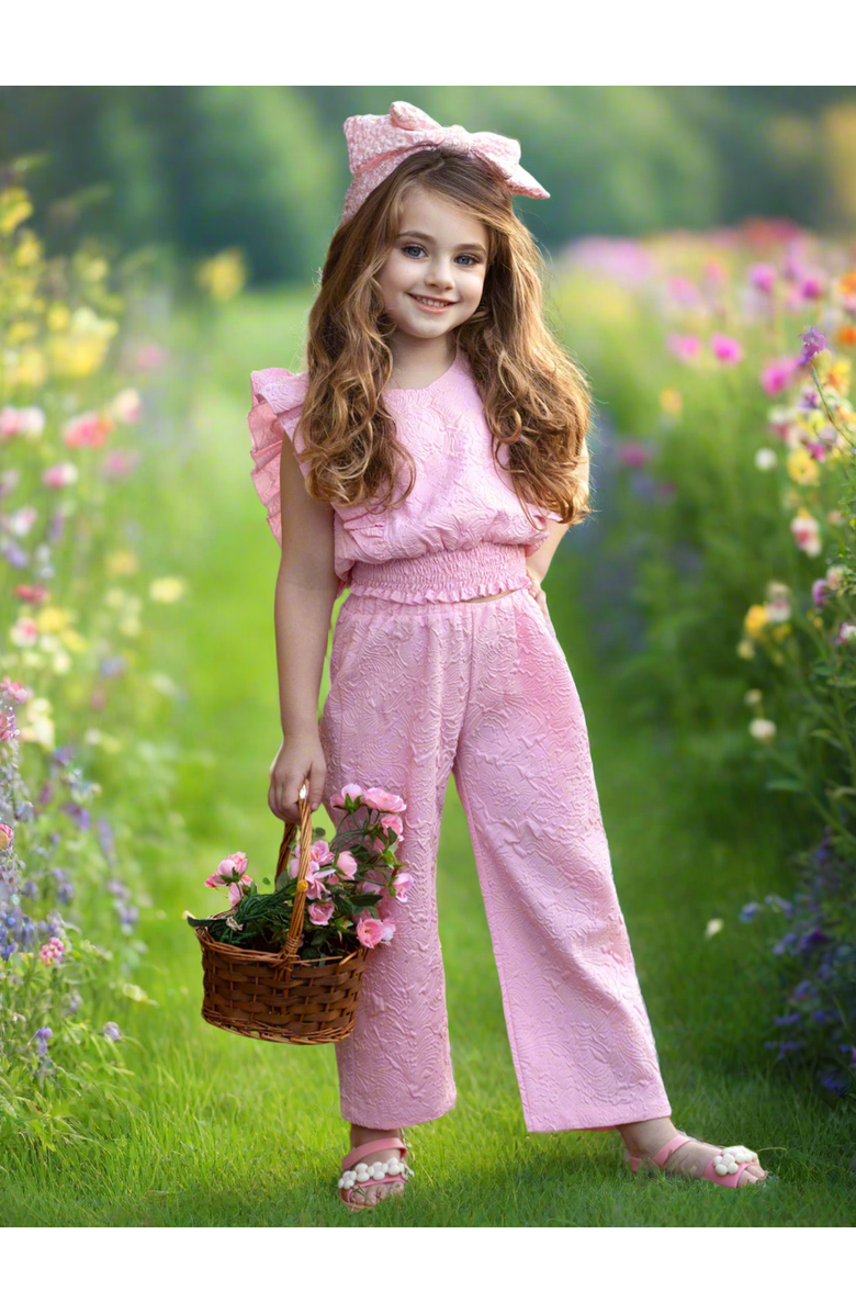 Mia Belle Girls Girls Springtime Blush Textured Top and Matching Pant Set, Alternate, color, Pink