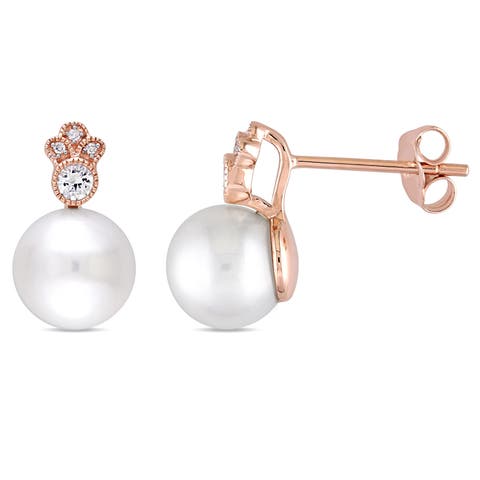Pearl, White Sapphire & Diamond Stud Earrings 10k