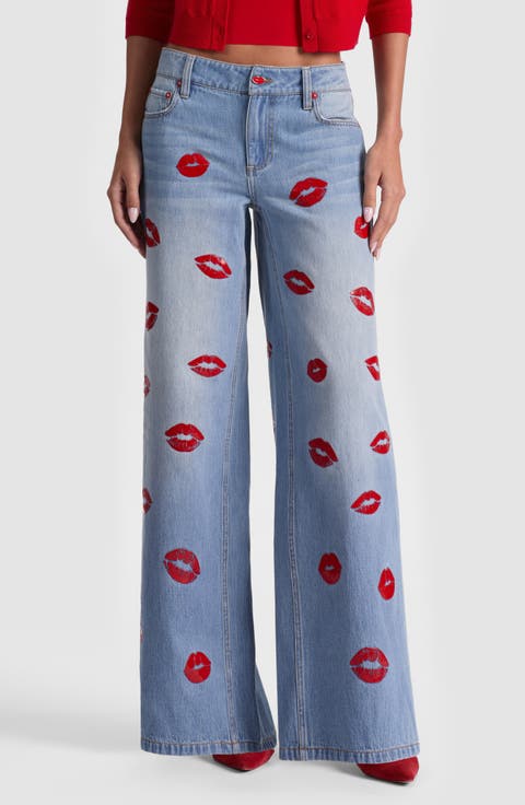 Amazing Kiss Print Wide Leg Jeans (Denver Bright Blue)