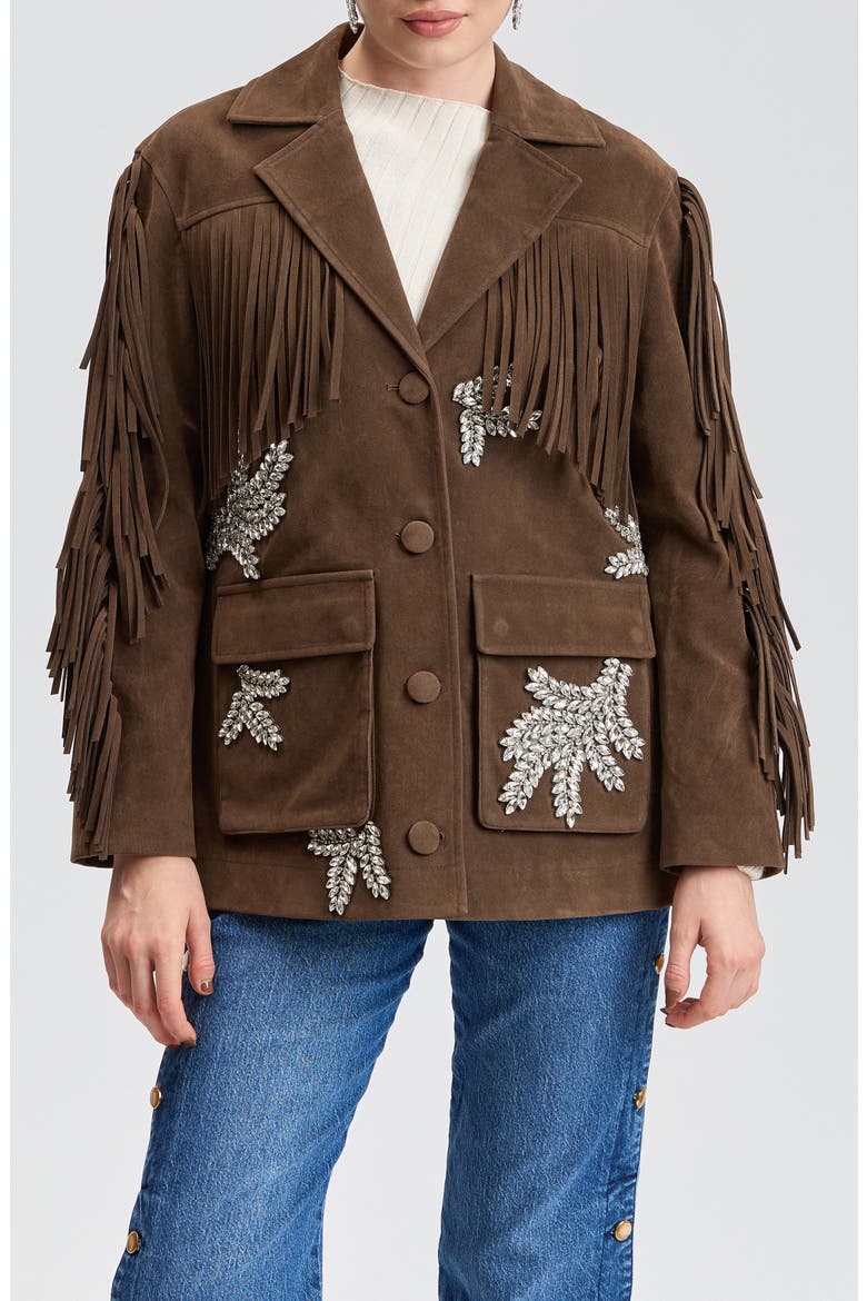 Rhinestone Appliqué Faux Suede Fringe Oversized Jacket, Main, color, CHOCOLATE