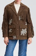 Avec Les Filles Rhinestone Appliqué Faux Suede Fringe Oversized Jacket