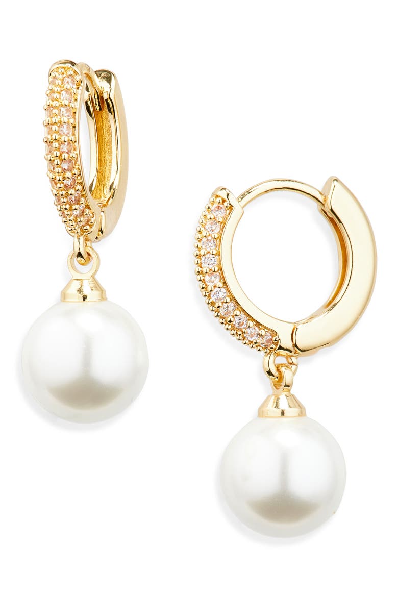 Pavé Cubic Zirconia Faux Pearl Drop Huggie Hoop Earrings, Main, color, WHITE- GOLD