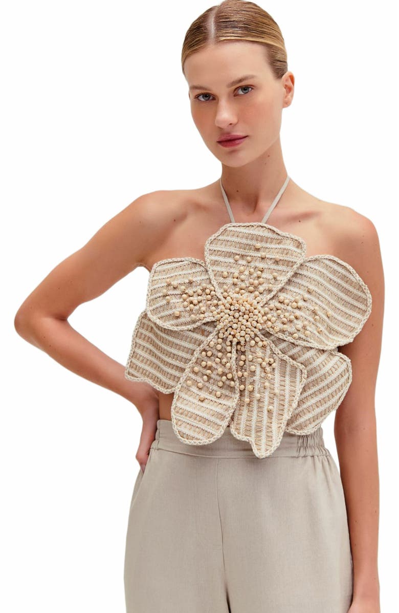 PatBO Candy Linen Hand-Beaded Flower Top, Main, color, Natural