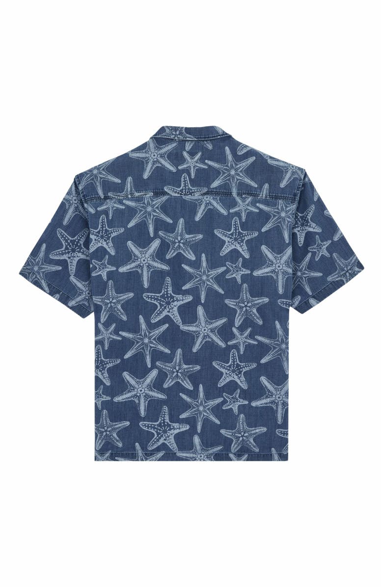 Vilebrequin Men's Starfish Light Printed Denim Bowling Shirt, Alternate, color, Bleach Denim W4