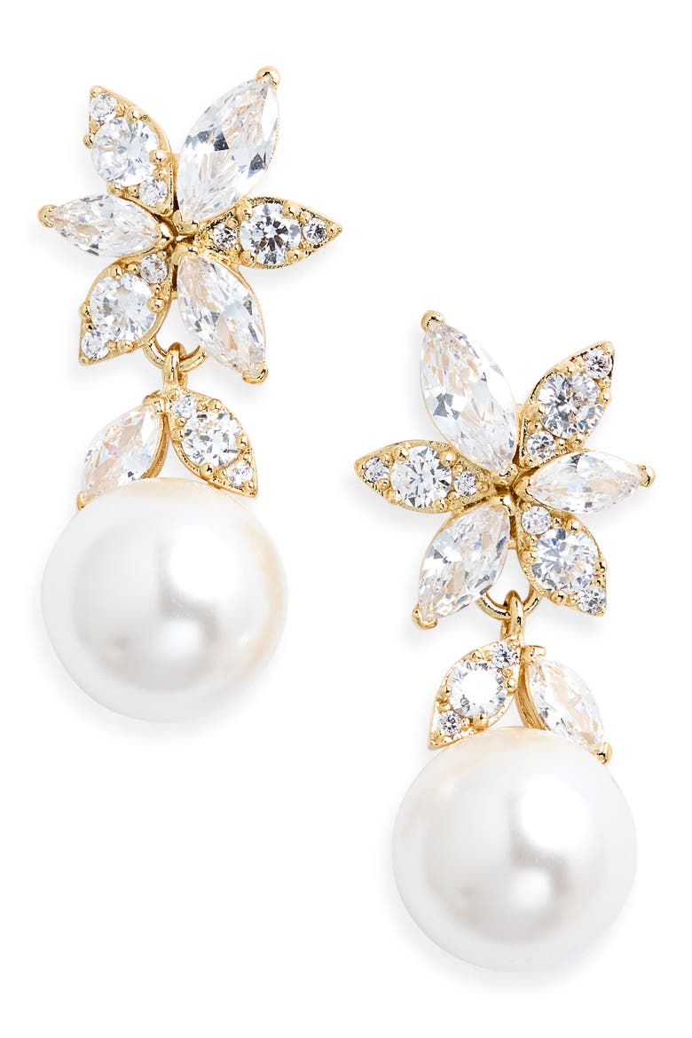 Under the Sea Cubic Zirconia & Faux Pearl Drop Earrings, Main, color, GOLD