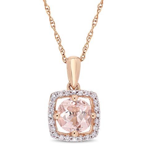 Gemstone & Diamond Square Halo Necklace 10K
