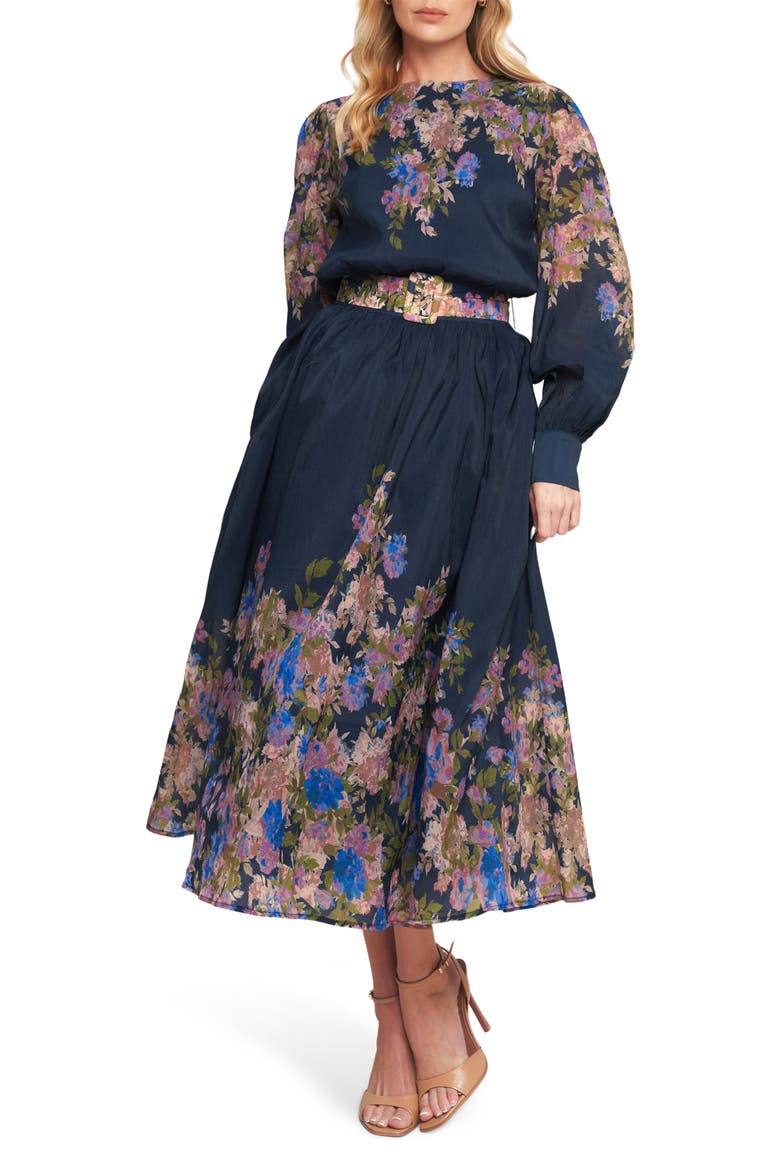Long Sleeve Belted Midi Dress, Main, color, NAVY