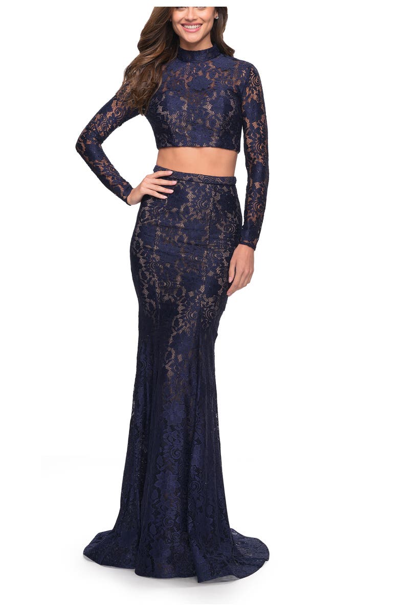 La Femme Long Sleeve Two Piece Lace Dress with Open Back, Main, color, Navy