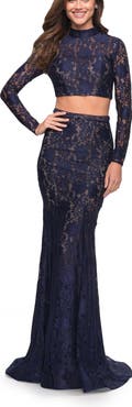 La Femme Long Sleeve Two Piece Lace Dress with Open Back