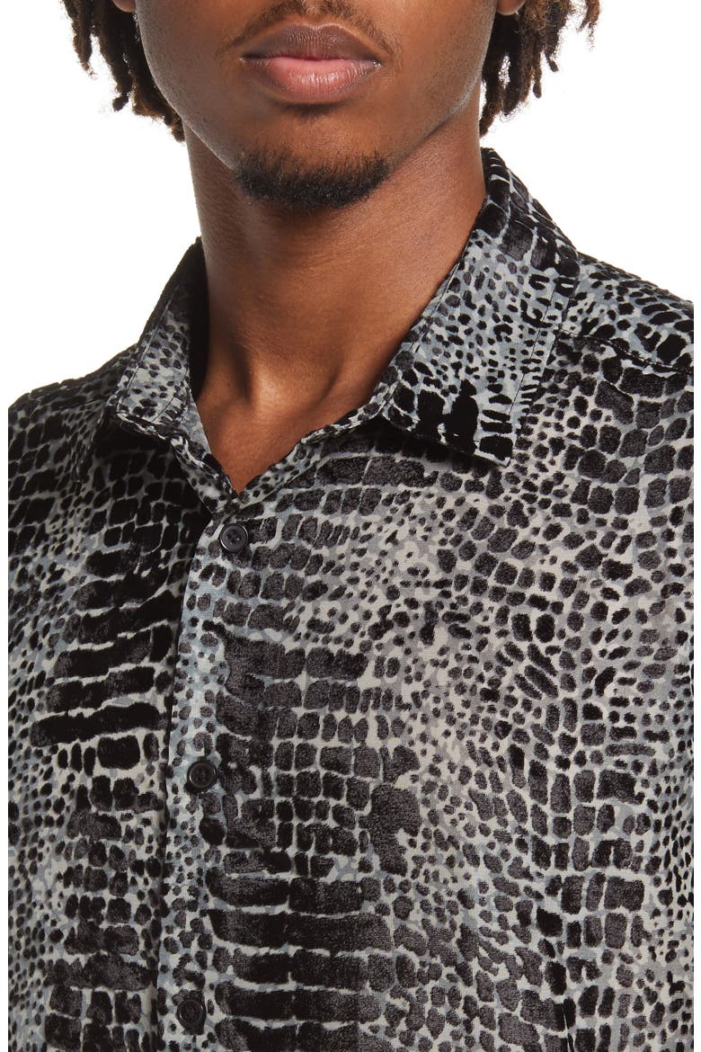 Snakeskin Print Cap Sleeve Button-Up Shirt, Alternate, color, BLACK