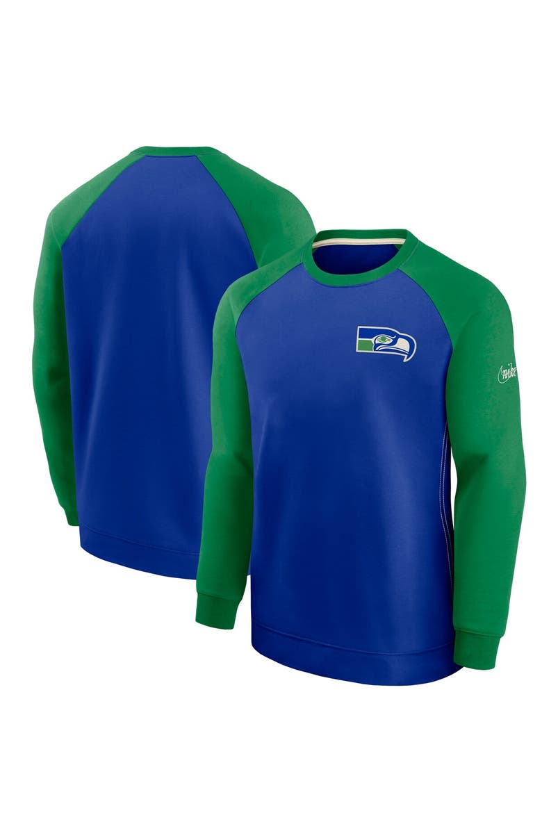 Nike Men's Nike Royal/Green Seattle Seahawks Historic Raglan Crew Performance Sweater, Main, color, Royal