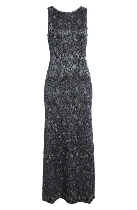 Animal Jacquard Sequin Sleeveless Column Dress