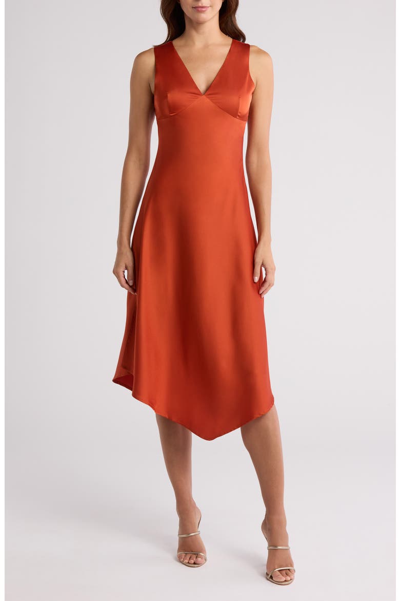 Asymmetric Satin Midi Dress, Main, color, RUST