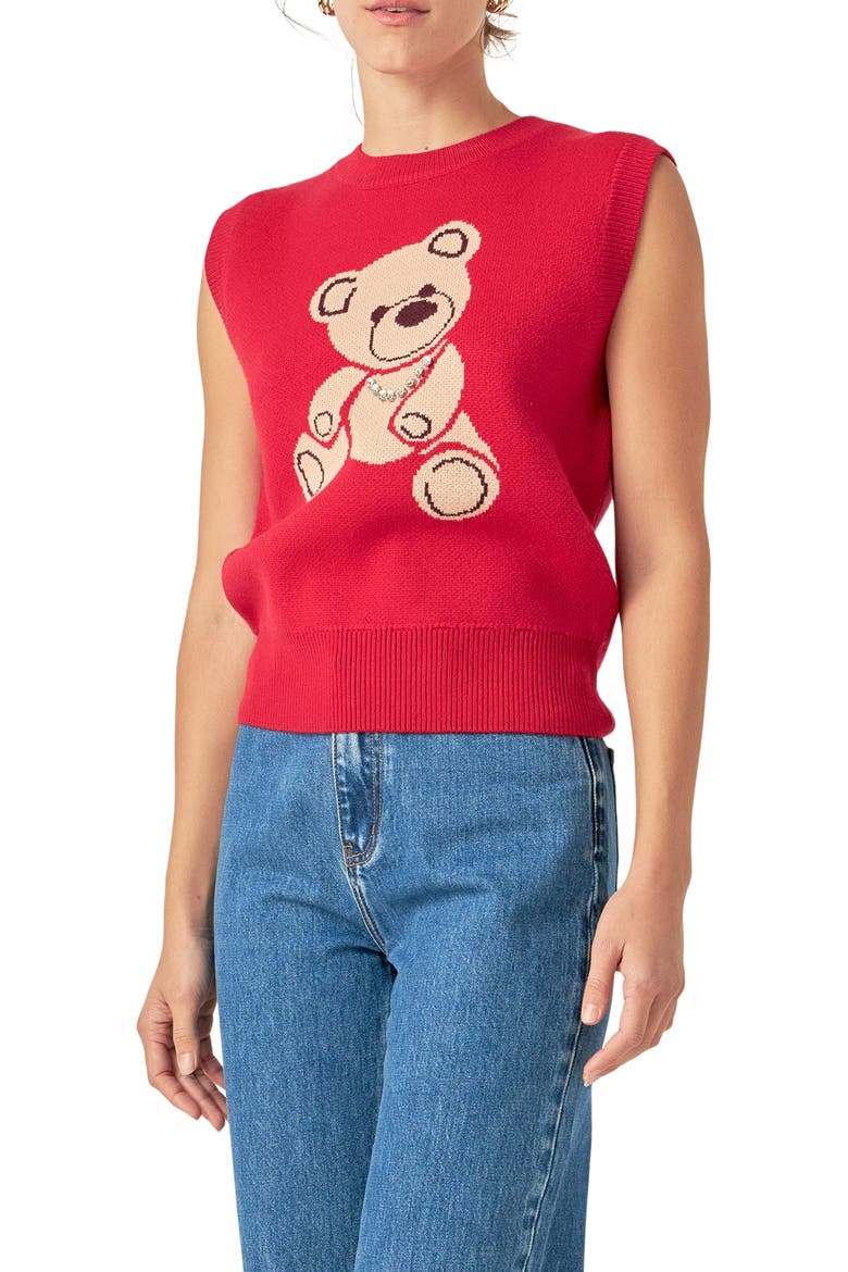 Rhinestone Detail Teddy Bear Sweater Vest, Alternate, color, CRANBERRY