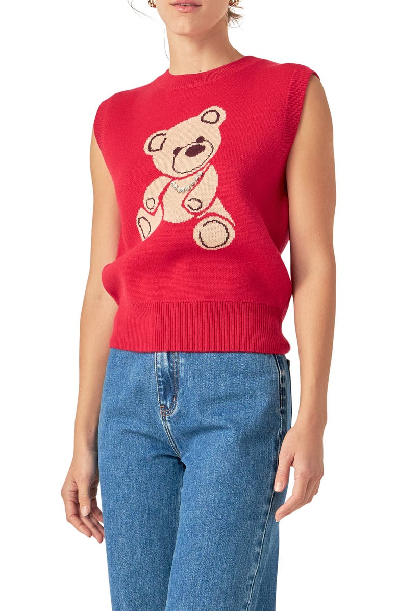 English Factory Rhinestone Detail Teddy Bear Sweater Vest, Alternate, color, Cranberry