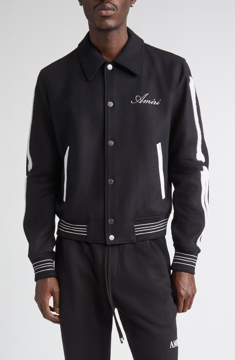 AMIRI Bones Wool Blend Varsity Jacket, Main, color, Black White