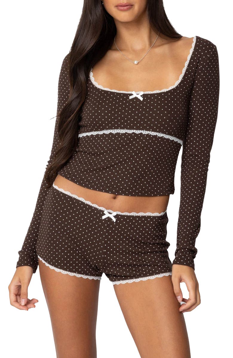 EDIKTED Juliana Polka Dot Crop Top, Main, color, Brown