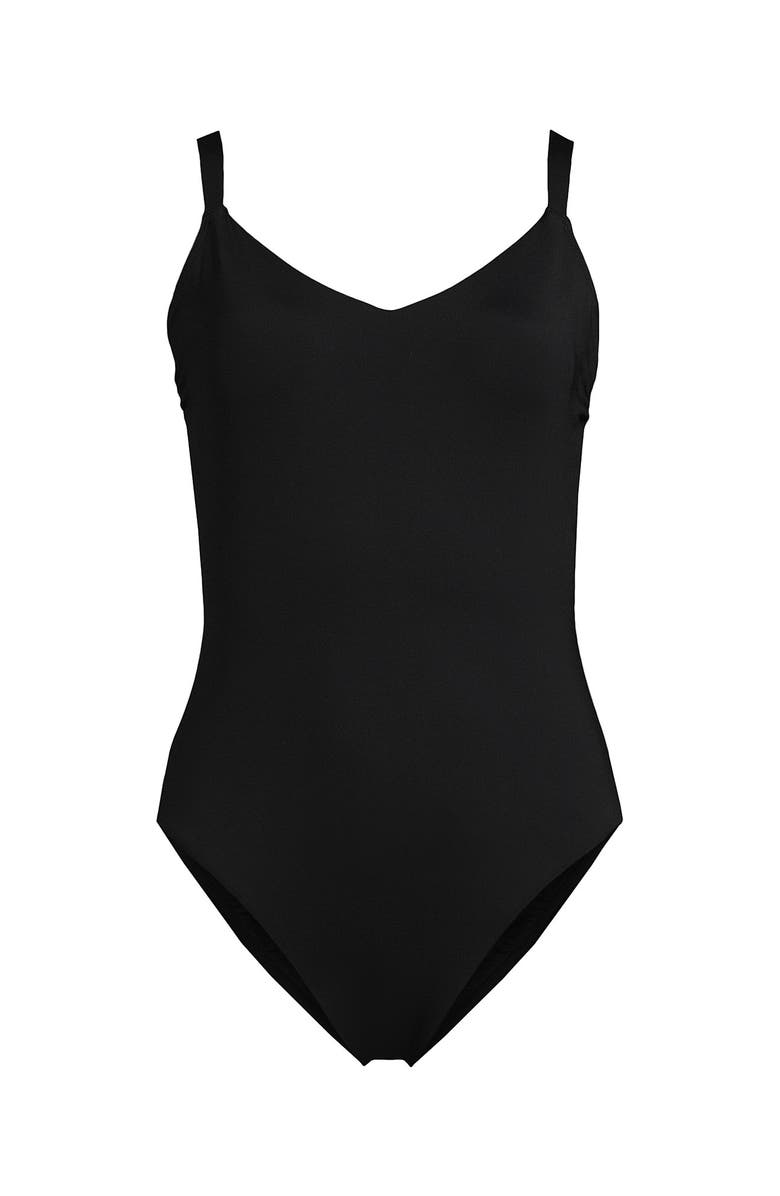 Lands' End V-Neck High Leg Strappy Back One Piece, Alternate, color, Black